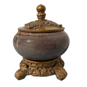 Purple Ceramic And Gold Tone Accents Decorative Bowl Container With Lid